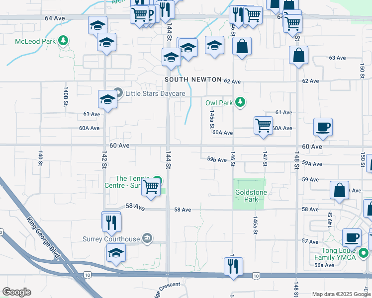 map of restaurants, bars, coffee shops, grocery stores, and more near 14450 60 Avenue in Surrey