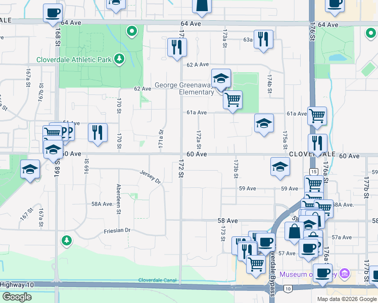 map of restaurants, bars, coffee shops, grocery stores, and more near 17223 60 Avenue in Surrey