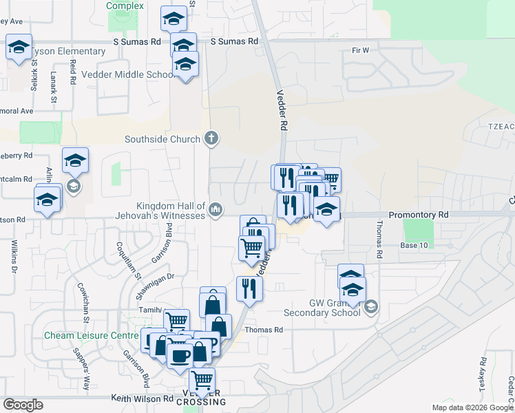 map of restaurants, bars, coffee shops, grocery stores, and more near 45745 Watson Road in Chilliwack