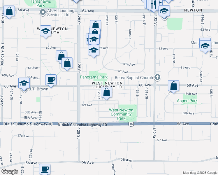 map of restaurants, bars, coffee shops, grocery stores, and more near in Surrey