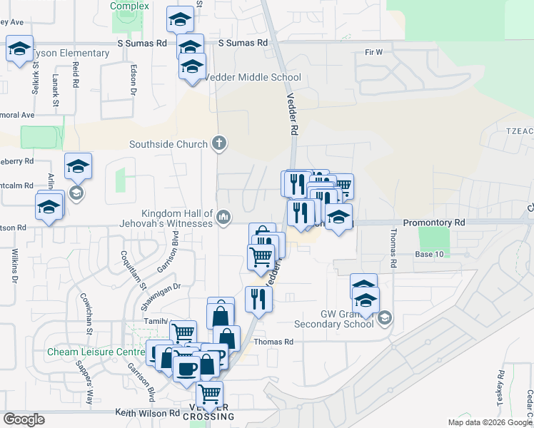 map of restaurants, bars, coffee shops, grocery stores, and more near 45757 Watson Road in Chilliwack
