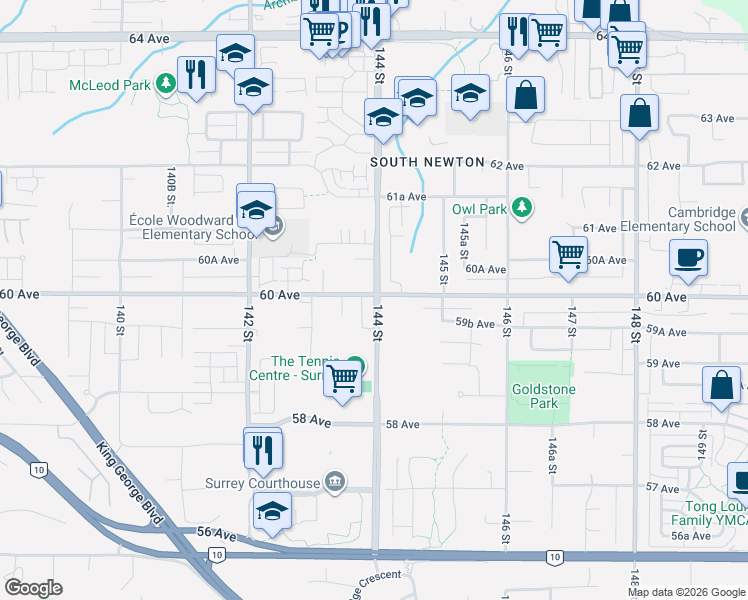 map of restaurants, bars, coffee shops, grocery stores, and more near 14398 60 Avenue in Surrey