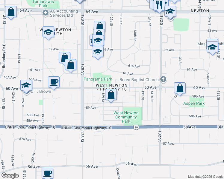map of restaurants, bars, coffee shops, grocery stores, and more near 12952 60 Avenue in Surrey