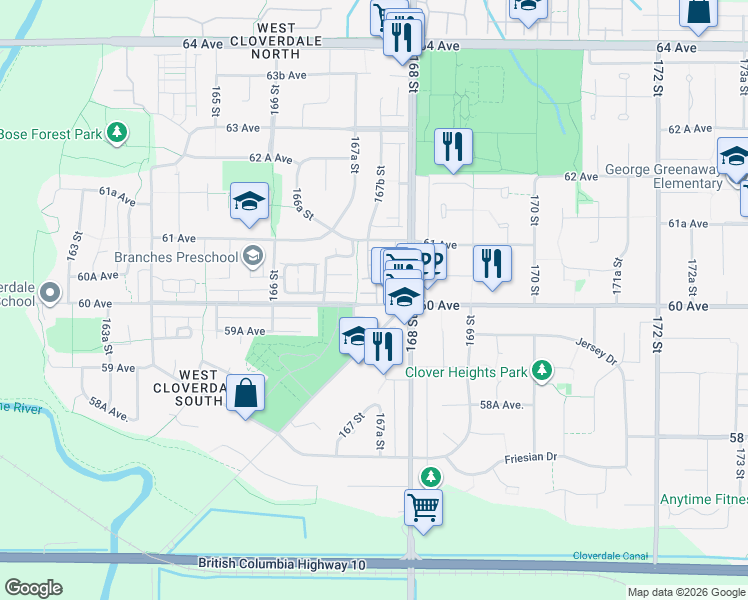 map of restaurants, bars, coffee shops, grocery stores, and more near 16789 Highway 10 in Langley City