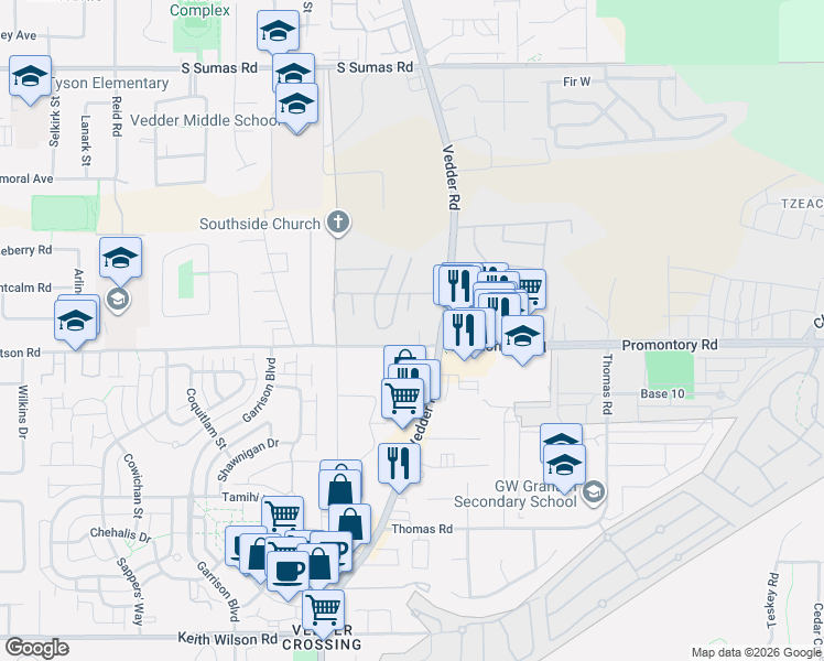 map of restaurants, bars, coffee shops, grocery stores, and more near 45745 Watson Road in Chilliwack
