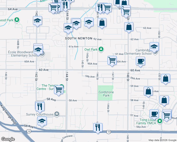 map of restaurants, bars, coffee shops, grocery stores, and more near 14548 60 Avenue in Surrey
