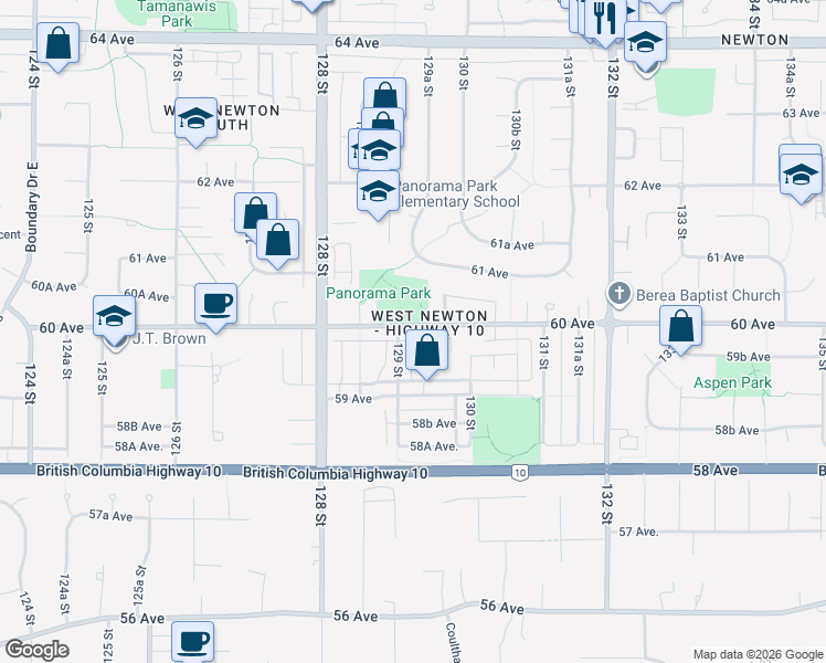 map of restaurants, bars, coffee shops, grocery stores, and more near 12920 60 Avenue in Surrey