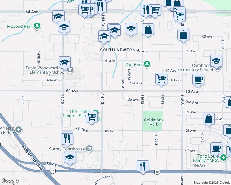 map of restaurants, bars, coffee shops, grocery stores, and more near in Surrey