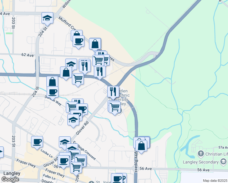 map of restaurants, bars, coffee shops, grocery stores, and more near 374 Glover Road in Langley