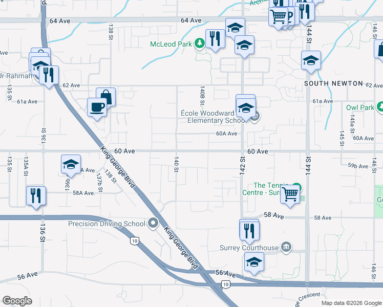map of restaurants, bars, coffee shops, grocery stores, and more near 14032 60 Avenue in Surrey