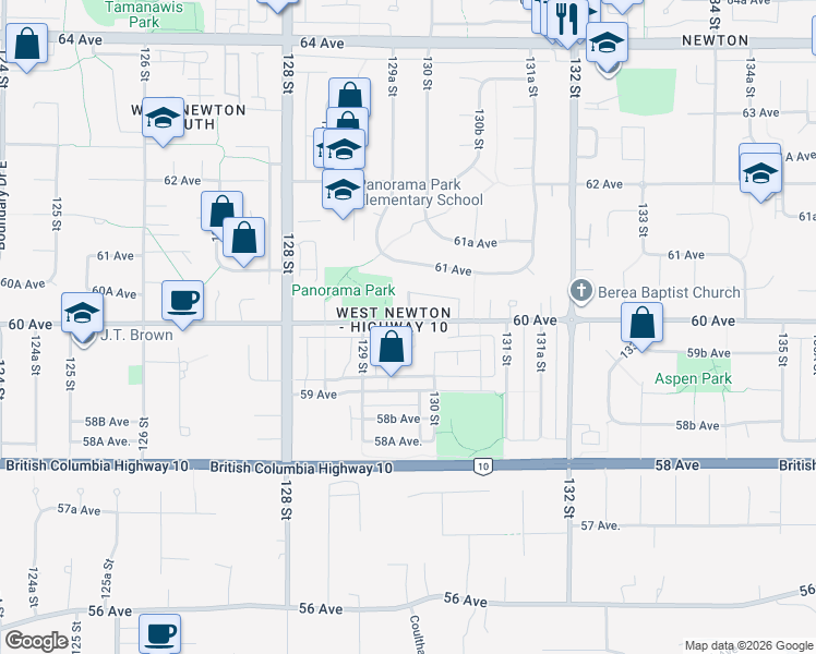 map of restaurants, bars, coffee shops, grocery stores, and more near 12970 60 Avenue in Surrey