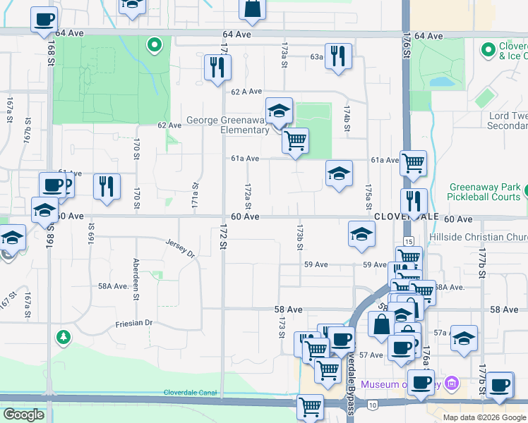 map of restaurants, bars, coffee shops, grocery stores, and more near 17283 60 Avenue in Surrey