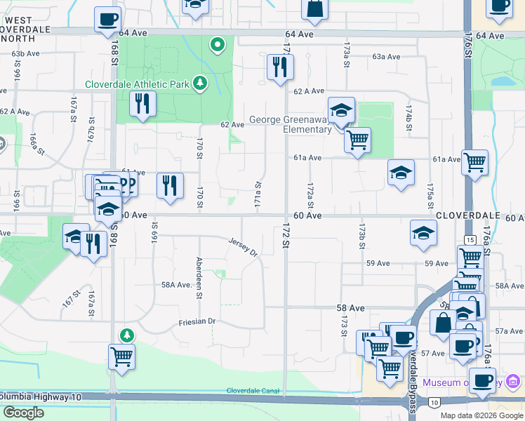 map of restaurants, bars, coffee shops, grocery stores, and more near 6032 171A Street in Surrey