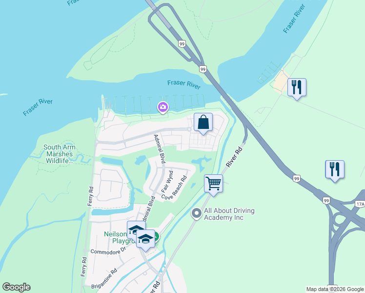 map of restaurants, bars, coffee shops, grocery stores, and more near 5510 Admiral Way in Delta