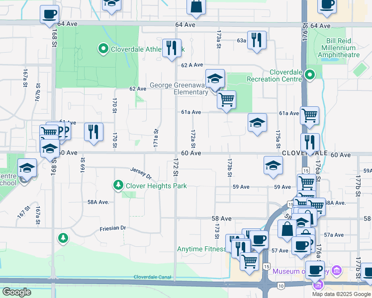 map of restaurants, bars, coffee shops, grocery stores, and more near 17233 60 Avenue in Surrey