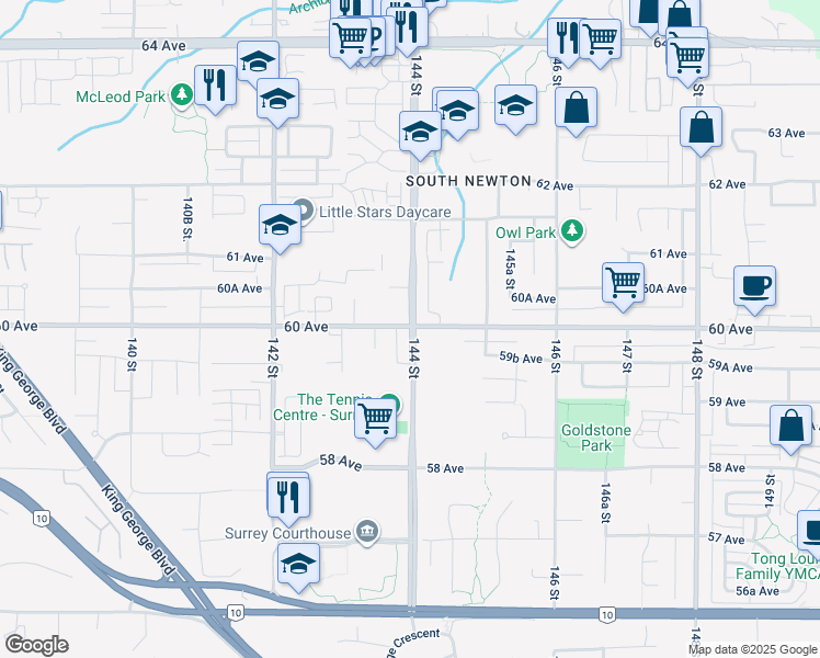 map of restaurants, bars, coffee shops, grocery stores, and more near 14398 60 Avenue in Surrey