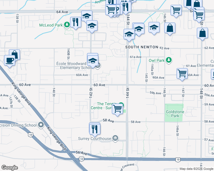 map of restaurants, bars, coffee shops, grocery stores, and more near 5993 143 Street in Surrey
