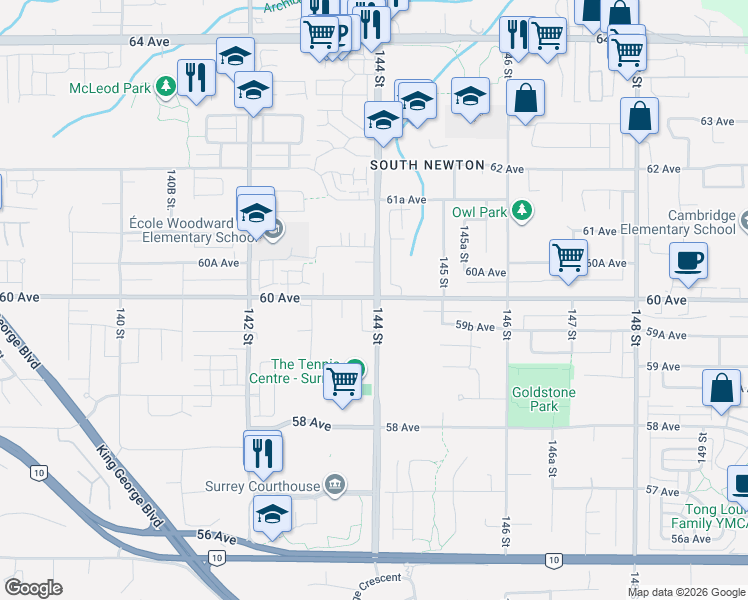 map of restaurants, bars, coffee shops, grocery stores, and more near 14398 60 Avenue in Surrey