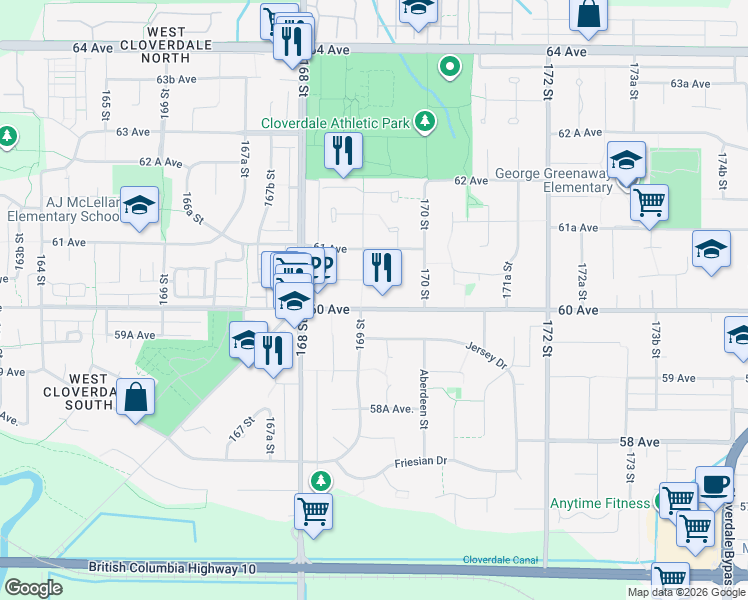 map of restaurants, bars, coffee shops, grocery stores, and more near 16919 60 Avenue in Surrey