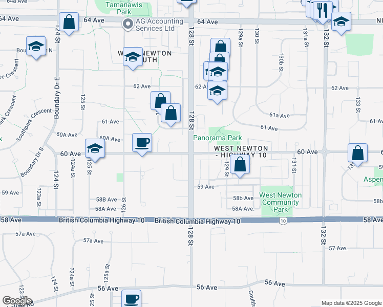 map of restaurants, bars, coffee shops, grocery stores, and more near 128 St & 60 Ave in Surrey