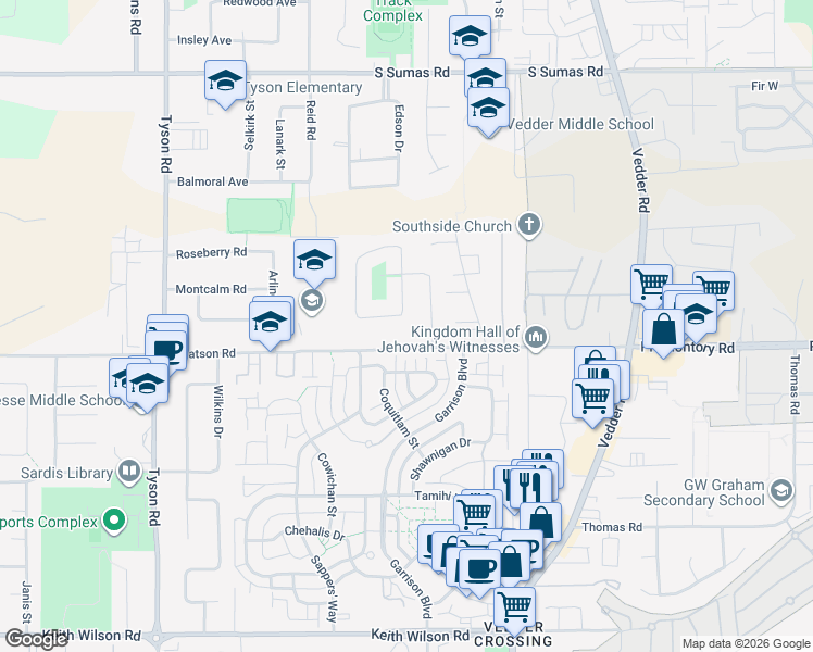 map of restaurants, bars, coffee shops, grocery stores, and more near 6052 Glengarry Drive in Chilliwack