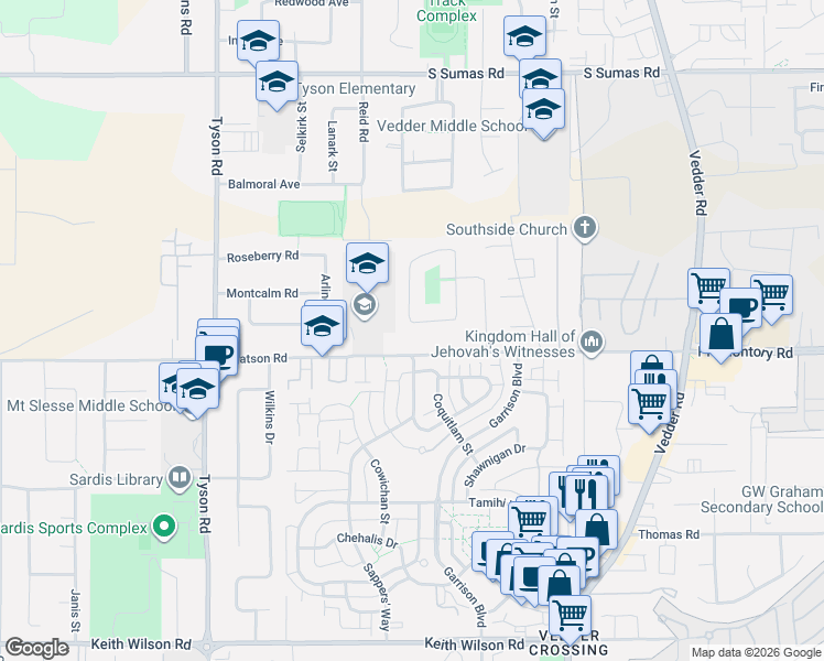map of restaurants, bars, coffee shops, grocery stores, and more near 6033 Glenroy Drive in Chilliwack