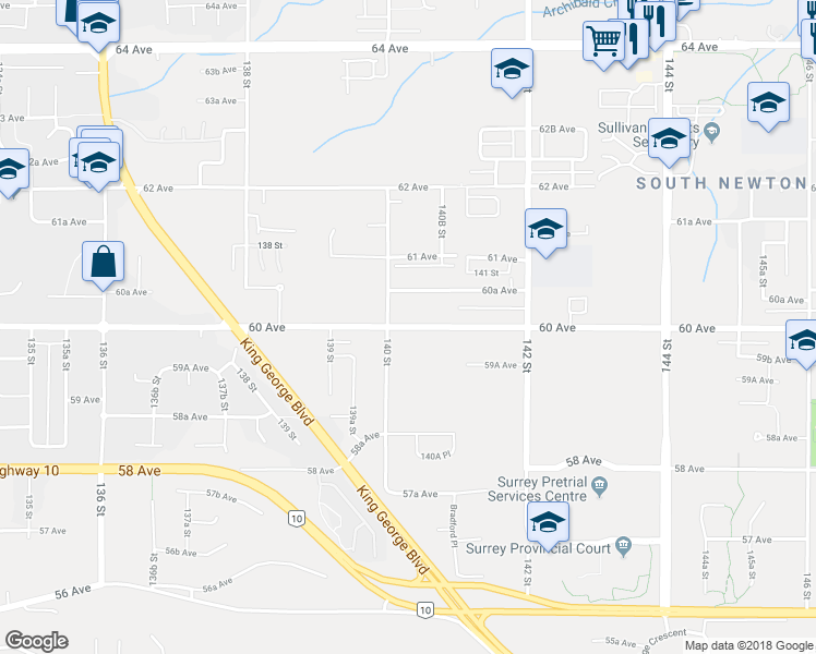 map of restaurants, bars, coffee shops, grocery stores, and more near 14022 60 Ave in Surrey
