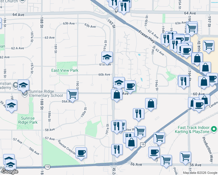 map of restaurants, bars, coffee shops, grocery stores, and more near 6027 192 Street in Surrey