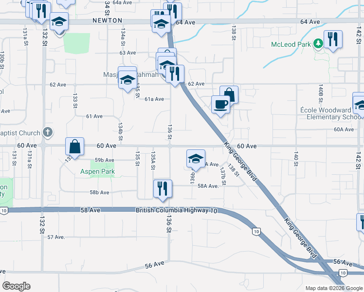 map of restaurants, bars, coffee shops, grocery stores, and more near 60 Avenue in Surrey