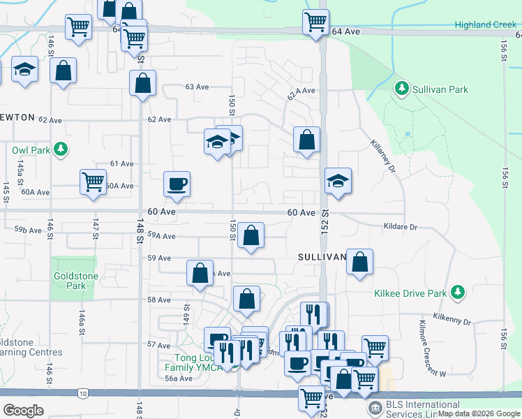 map of restaurants, bars, coffee shops, grocery stores, and more near 15075 60 Avenue in Surrey