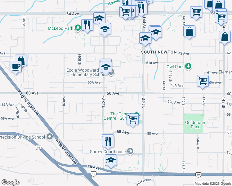 map of restaurants, bars, coffee shops, grocery stores, and more near 14271 60th Avenue in Surrey