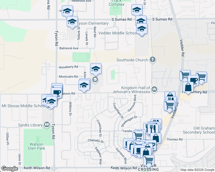 map of restaurants, bars, coffee shops, grocery stores, and more near 6033 Glenroy Drive in Chilliwack