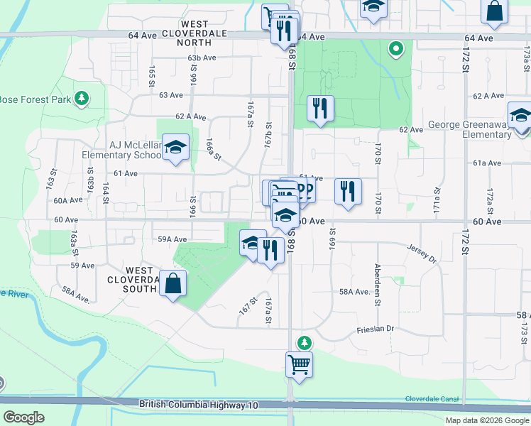 map of restaurants, bars, coffee shops, grocery stores, and more near 16789 60 Avenue in Surrey