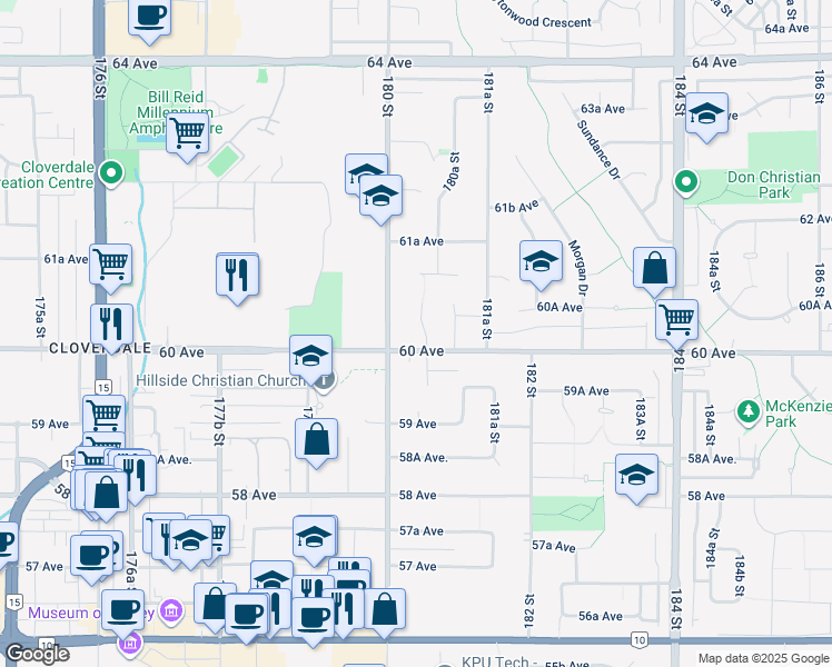 map of restaurants, bars, coffee shops, grocery stores, and more near 6027 180A Street in Surrey