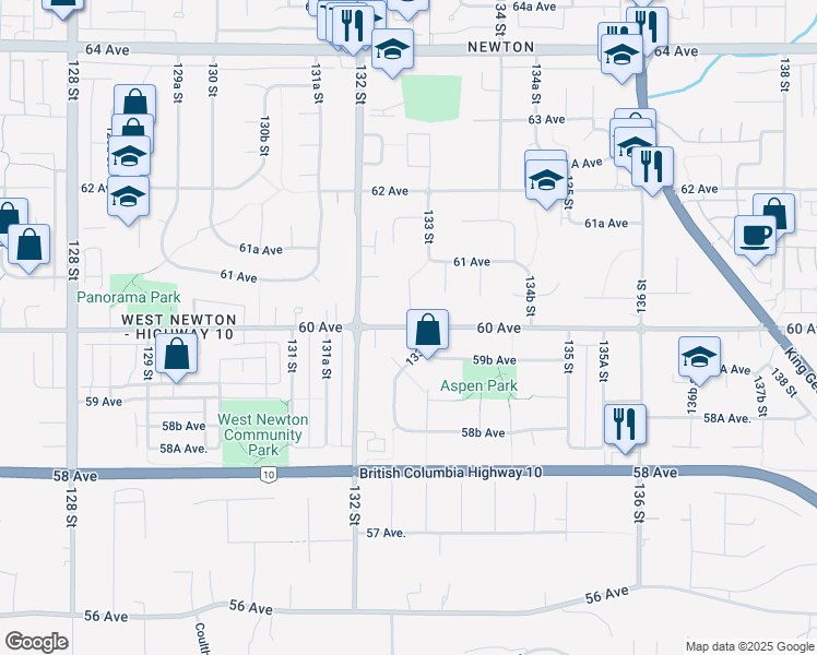 map of restaurants, bars, coffee shops, grocery stores, and more near 13256 60 Avenue in Surrey