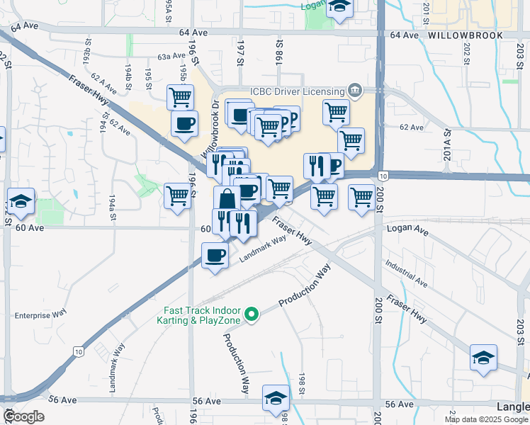 map of restaurants, bars, coffee shops, grocery stores, and more near 16789 Highway 10 in Langley City