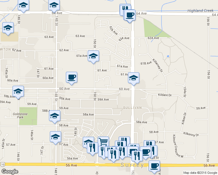 map of restaurants, bars, coffee shops, grocery stores, and more near 15062 60 Avenue in Surrey