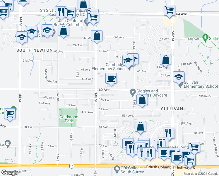 map of restaurants, bars, coffee shops, grocery stores, and more near 14877 60 Avenue in Surrey