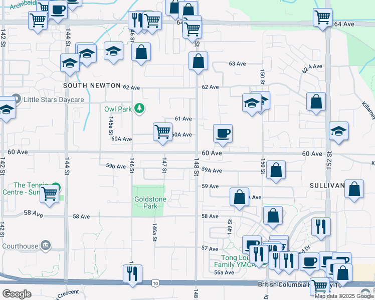map of restaurants, bars, coffee shops, grocery stores, and more near 14785 60 Avenue in Surrey