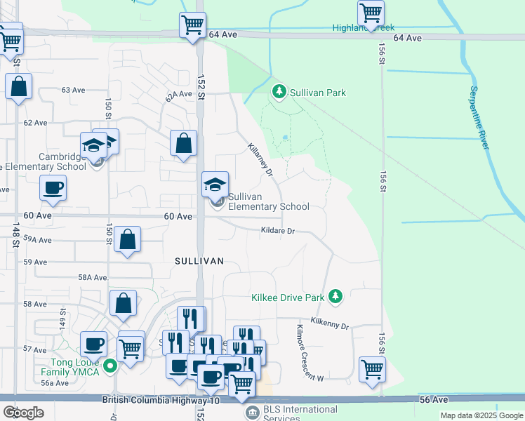 map of restaurants, bars, coffee shops, grocery stores, and more near 15336 Killarney Close in Surrey