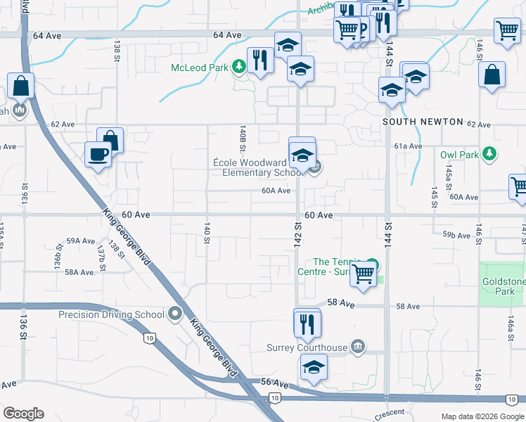 map of restaurants, bars, coffee shops, grocery stores, and more near 14129 60th Avenue in Surrey