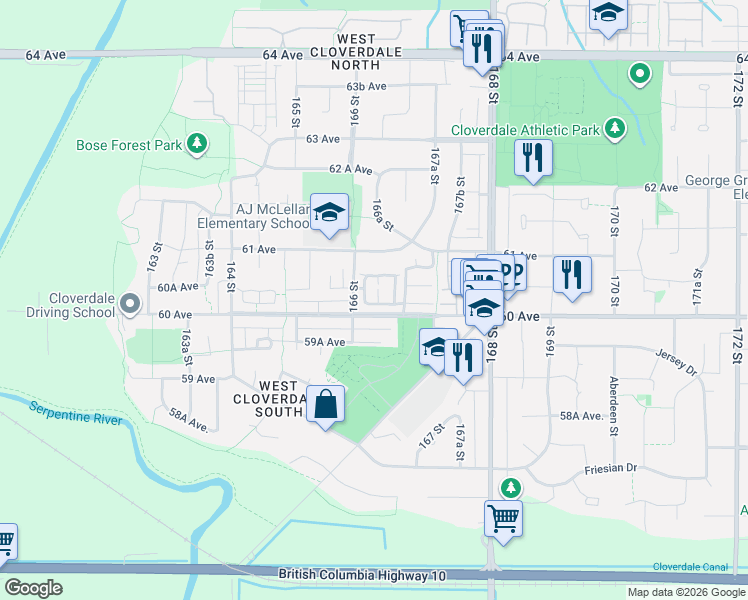 map of restaurants, bars, coffee shops, grocery stores, and more near 6050 166 Street in Surrey
