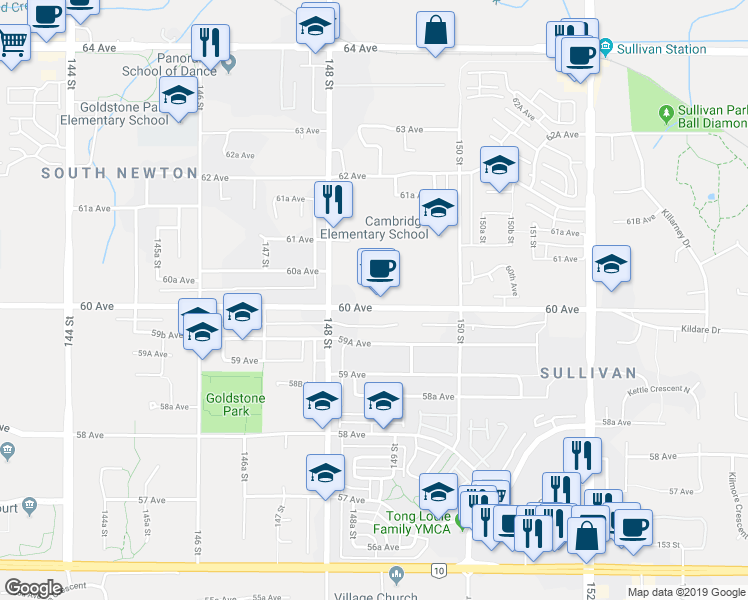 map of restaurants, bars, coffee shops, grocery stores, and more near in Surrey