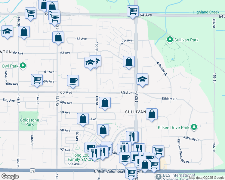 map of restaurants, bars, coffee shops, grocery stores, and more near 12 60th Avenue in Surrey