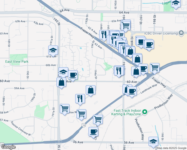map of restaurants, bars, coffee shops, grocery stores, and more near 6021 194A Street in Surrey