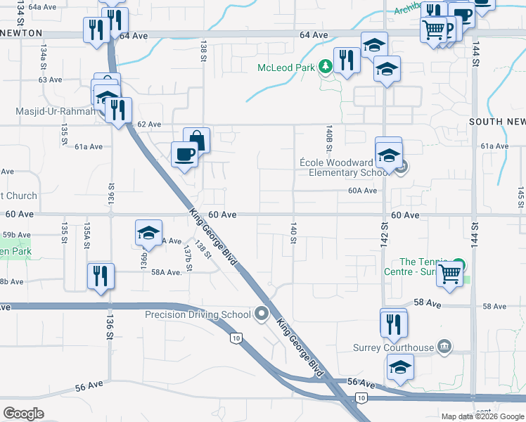 map of restaurants, bars, coffee shops, grocery stores, and more near 13927 60 Avenue in Surrey