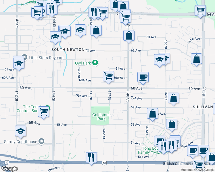 map of restaurants, bars, coffee shops, grocery stores, and more near 14691 60 Avenue in Surrey