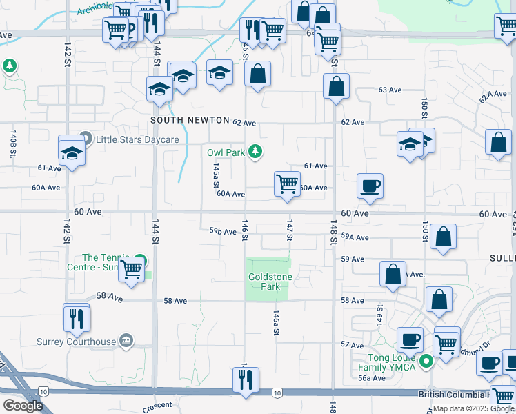 map of restaurants, bars, coffee shops, grocery stores, and more near 14629 60 Avenue in Surrey