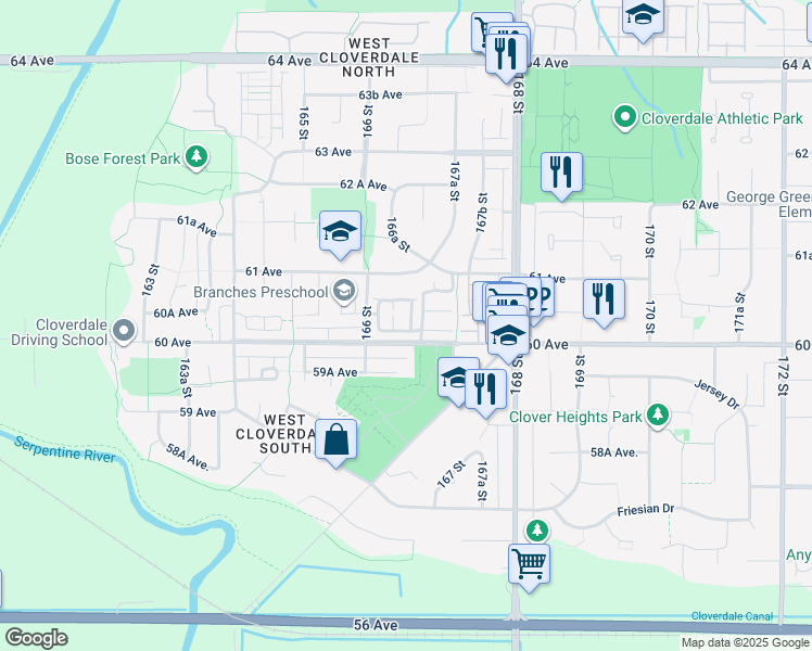 map of restaurants, bars, coffee shops, grocery stores, and more near 6050 166 Street in Surrey