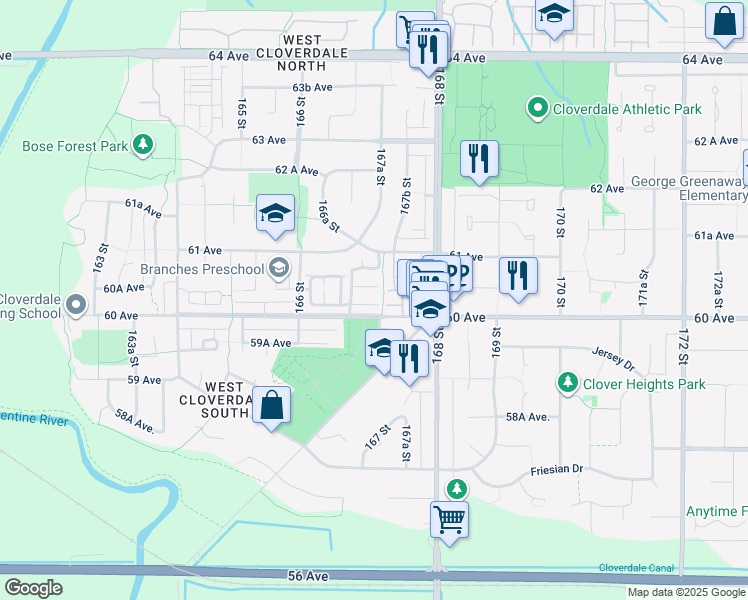 map of restaurants, bars, coffee shops, grocery stores, and more near 16760 61 Avenue in Surrey